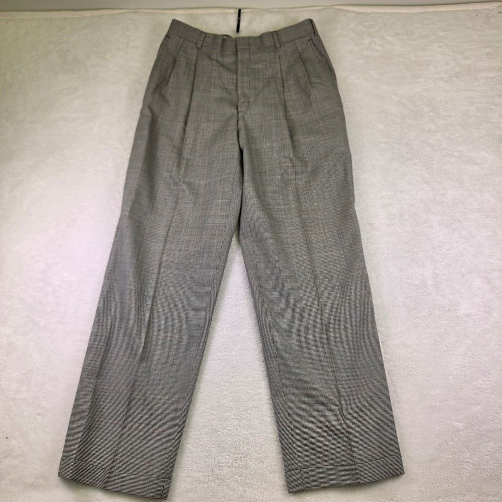 Hart Schaffner Marx Mens Grey Glen Plaid Pure Virgin Wool Dress Pants 34x31